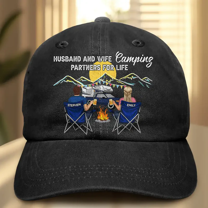 Personalized Washed Denim Baseball Cap Camping Partners For Life Outdoor Wear Vintage Look Unique Gift for Couple
