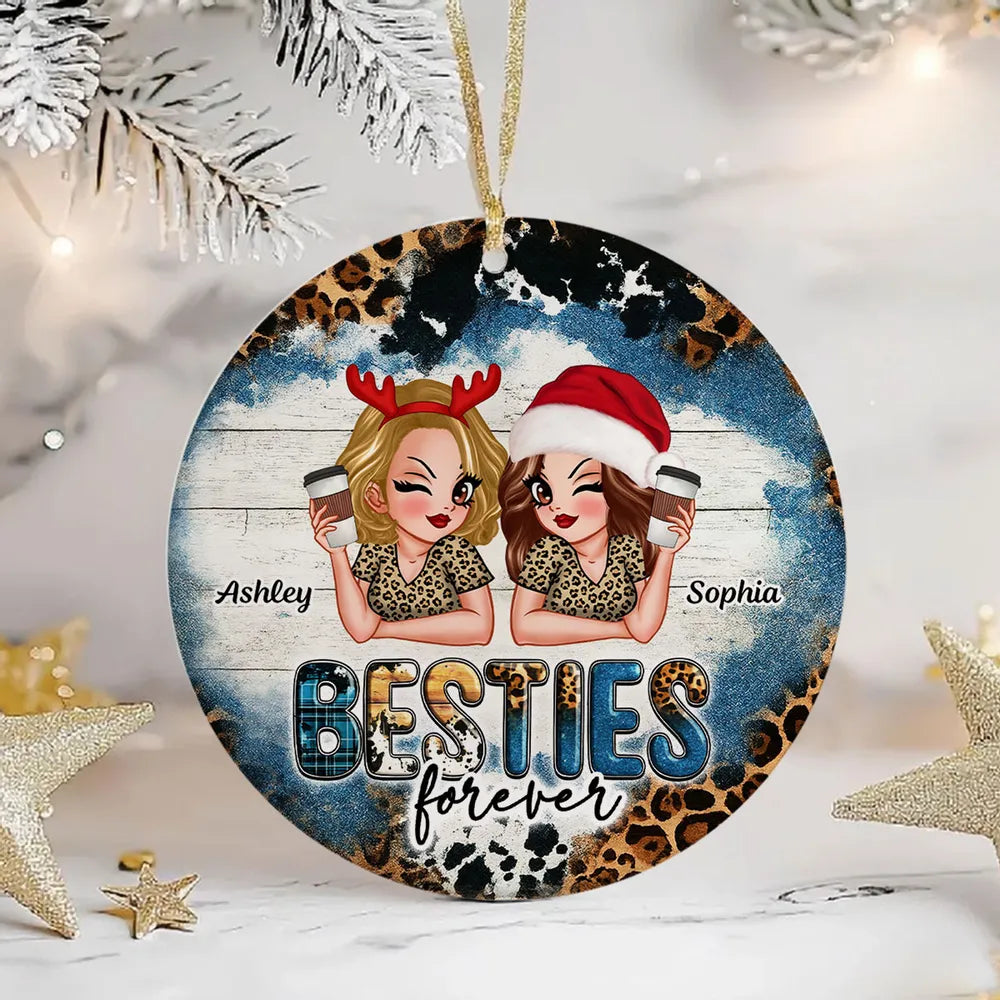 Ceramic Ornament for Best Friends, Custom Illustration Design, Friendship Keepsake, Perfect Gift for Christmas