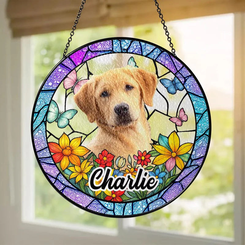 Custom Pet Suncatcher Ornament β Personalized Dog Photo Gift with Floral and Stained Glass Design
