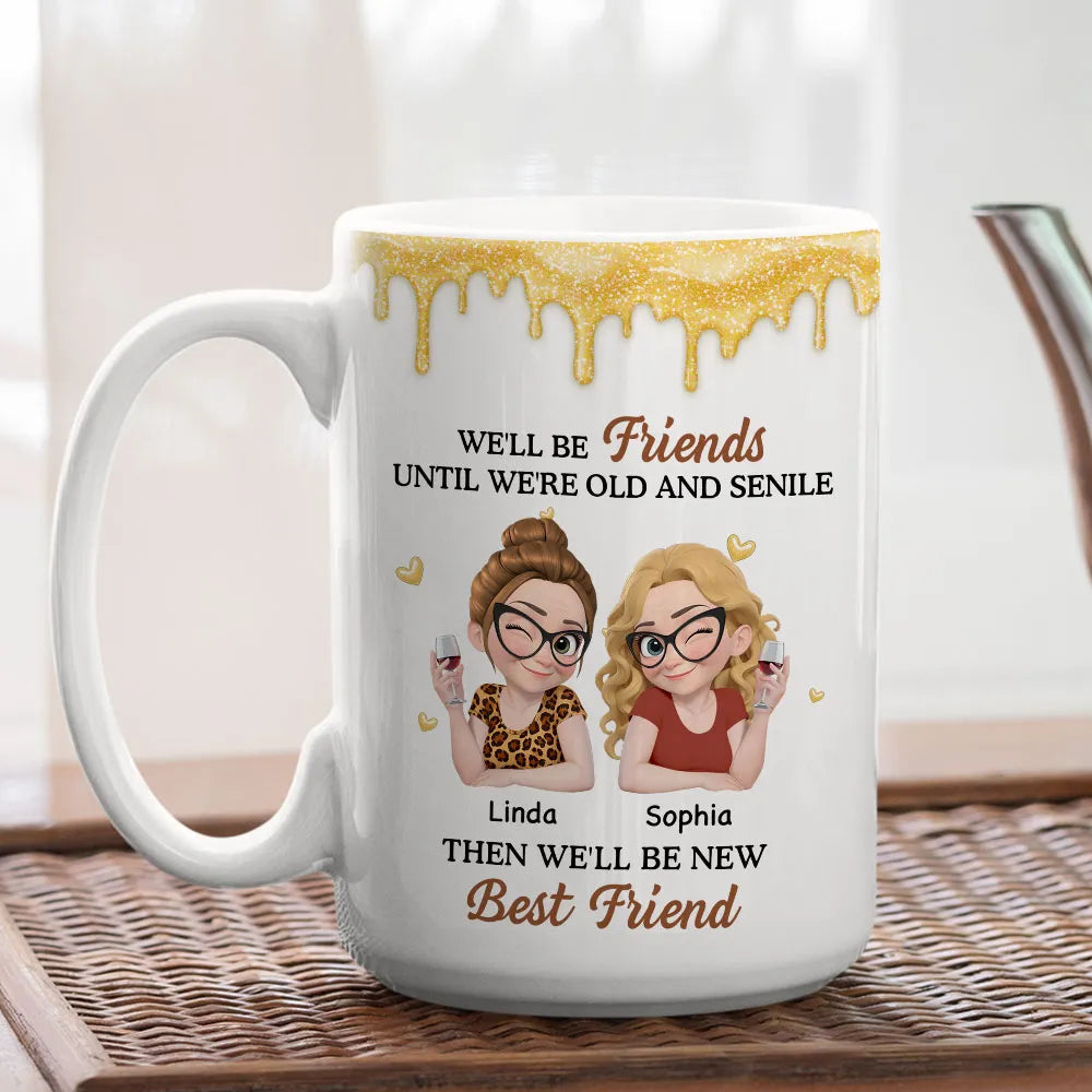 Personalized White Ceramic Mug with Two Best Friends Illustration, Fun Quote, Unique Gift for Bestie and Coworker