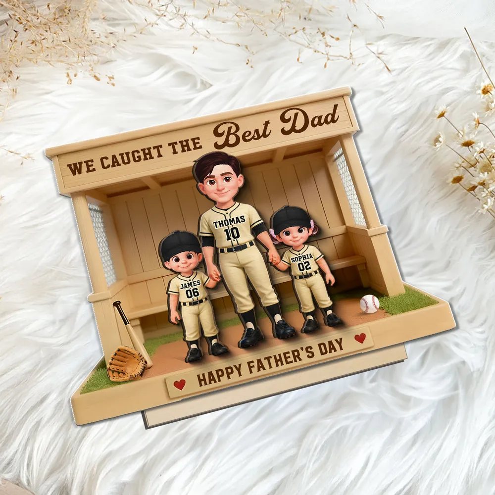 Personalized 2-Layer Wooden Plaque Baseball Dugout Dad and Kids Scene, Father's Day Gift with Heartfelt Message