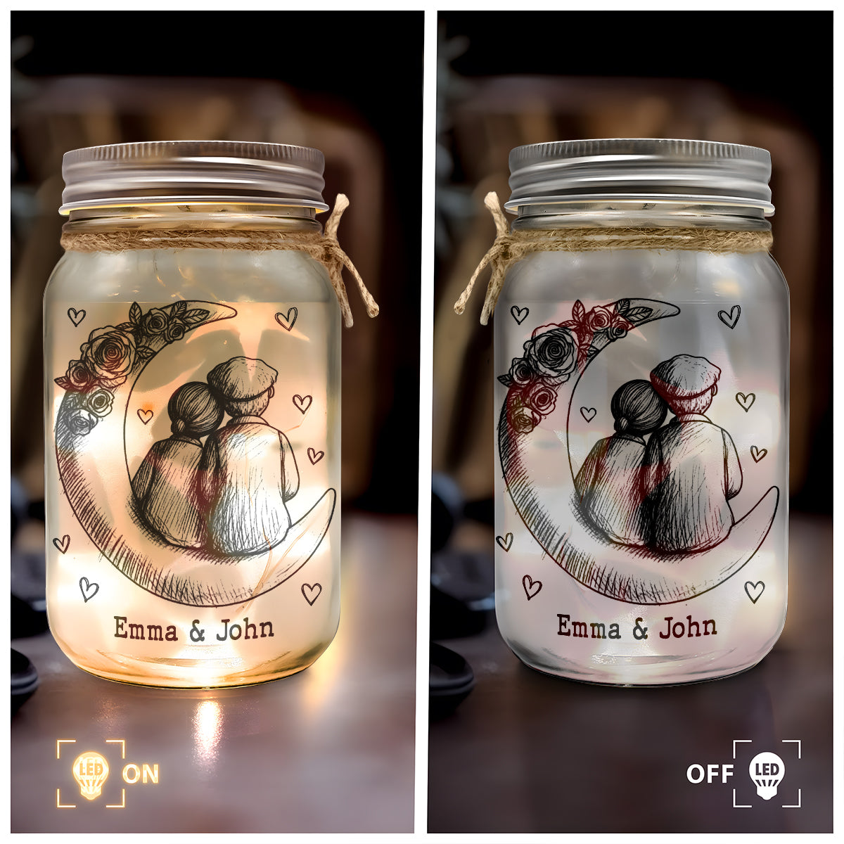 Personalized Glass Mason Jar Light with Moon Couple Design β Romantic I Love You To The Moon And Back Unique Gift
