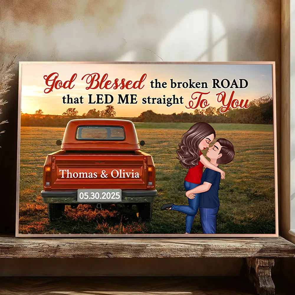 God Blessed the Broken Road Personalized Poster β Custom Hugging Couple Wall Art, Modern Home Decor and Heartfelt Gift for Him or Her