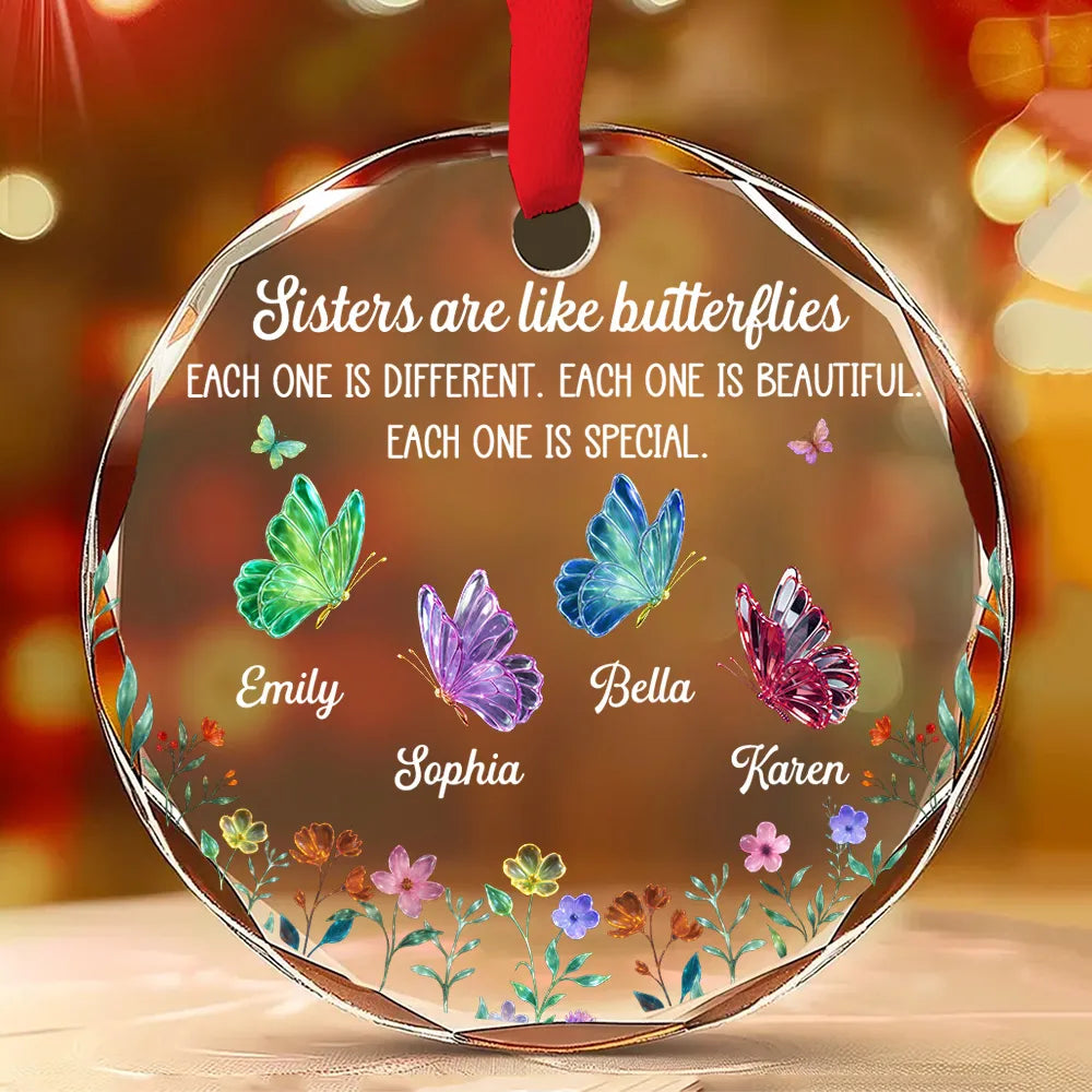 Sisters Are Like Butterflies Crystal Ornament, Personalized, Butterfly & Floral, Christmas Tree decor, unique gift for Sister