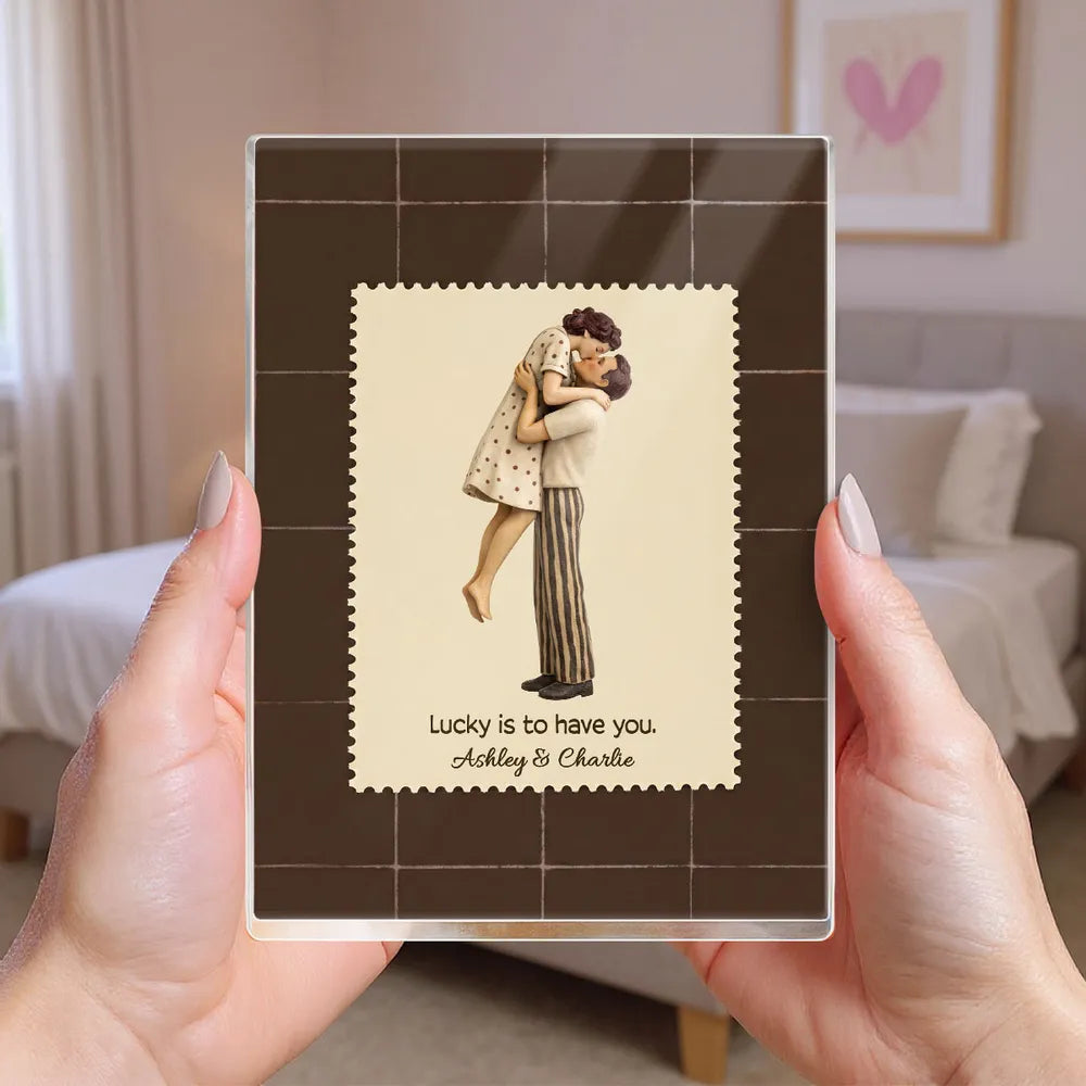 Lucky Is To Have You Rectangle Acrylic Block Plaque, Mid-Century Kiss Couple Desk Decor, Unique Valentine's Day Gift
