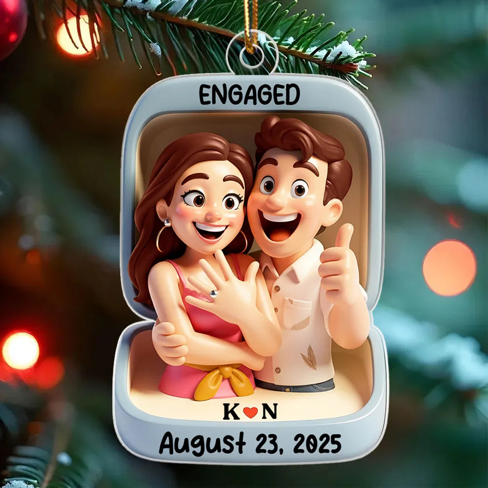 Acrylic Ornament With Engaged Couple Illustration Personalized Holiday Keepsake A Sweet Unique Gift For Couples
