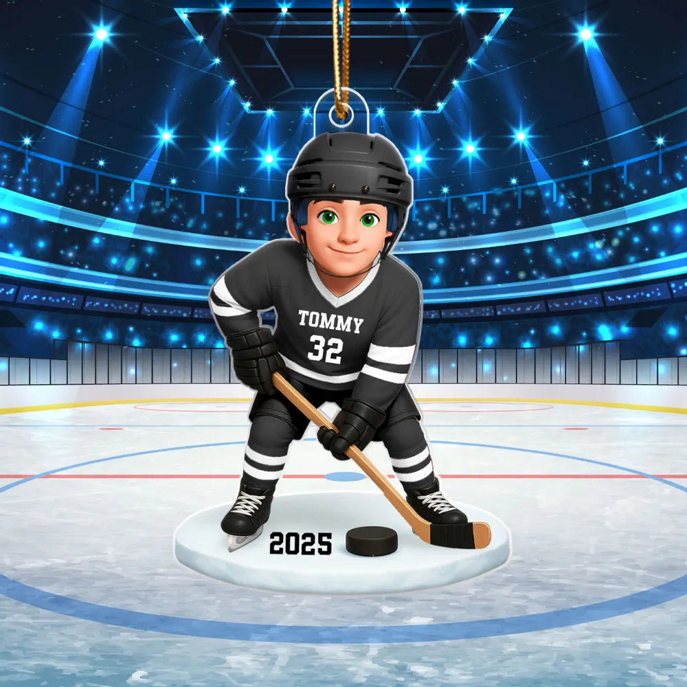 Personalized Hockey Acrylic Ornament for Kids β Custom Player Design Christmas Gift & Festive Decor