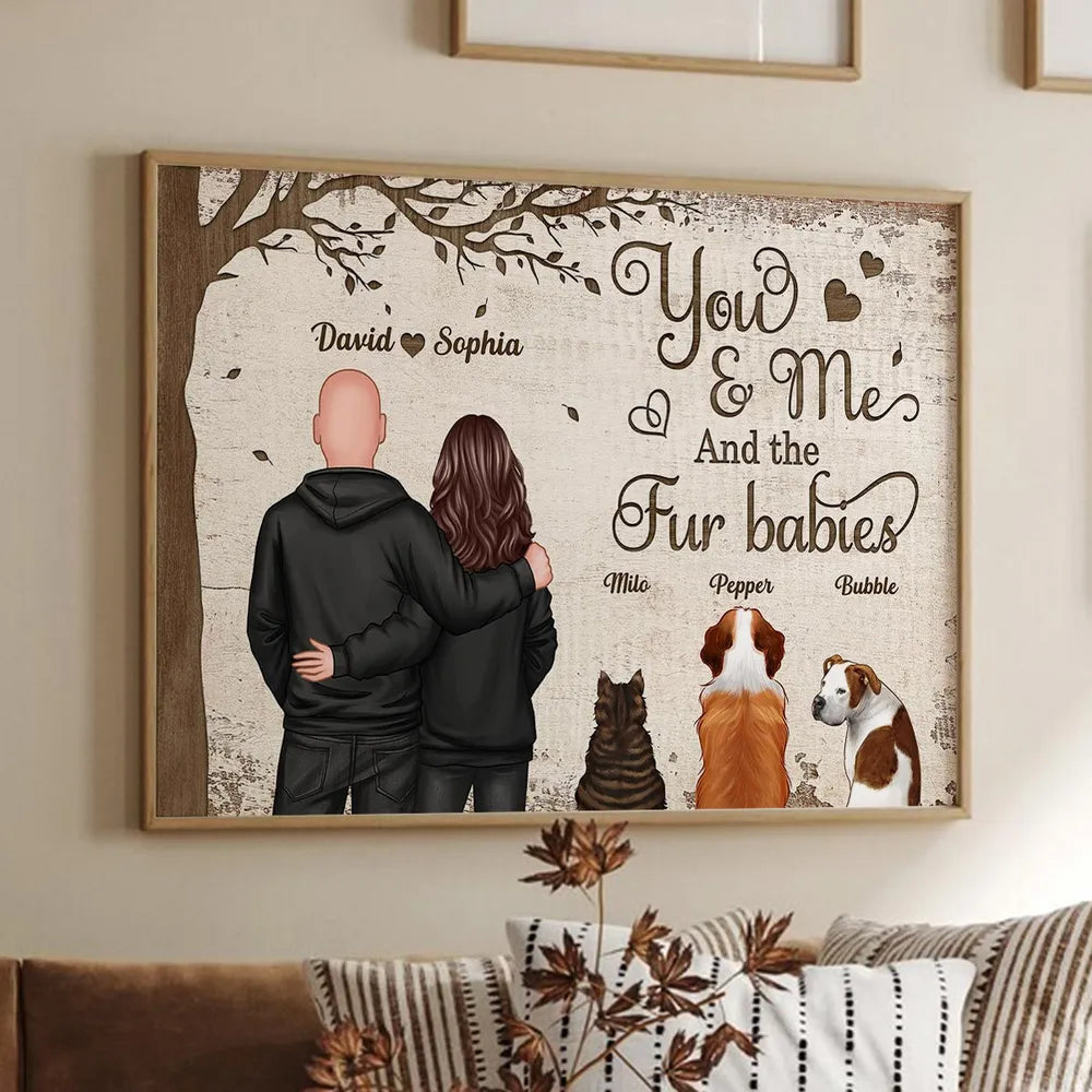 You & Me and the Dogs Custom Poster, Hugging Couple with Pets, Modern Wall Art, Unique Gift for Couples and Dog Lovers