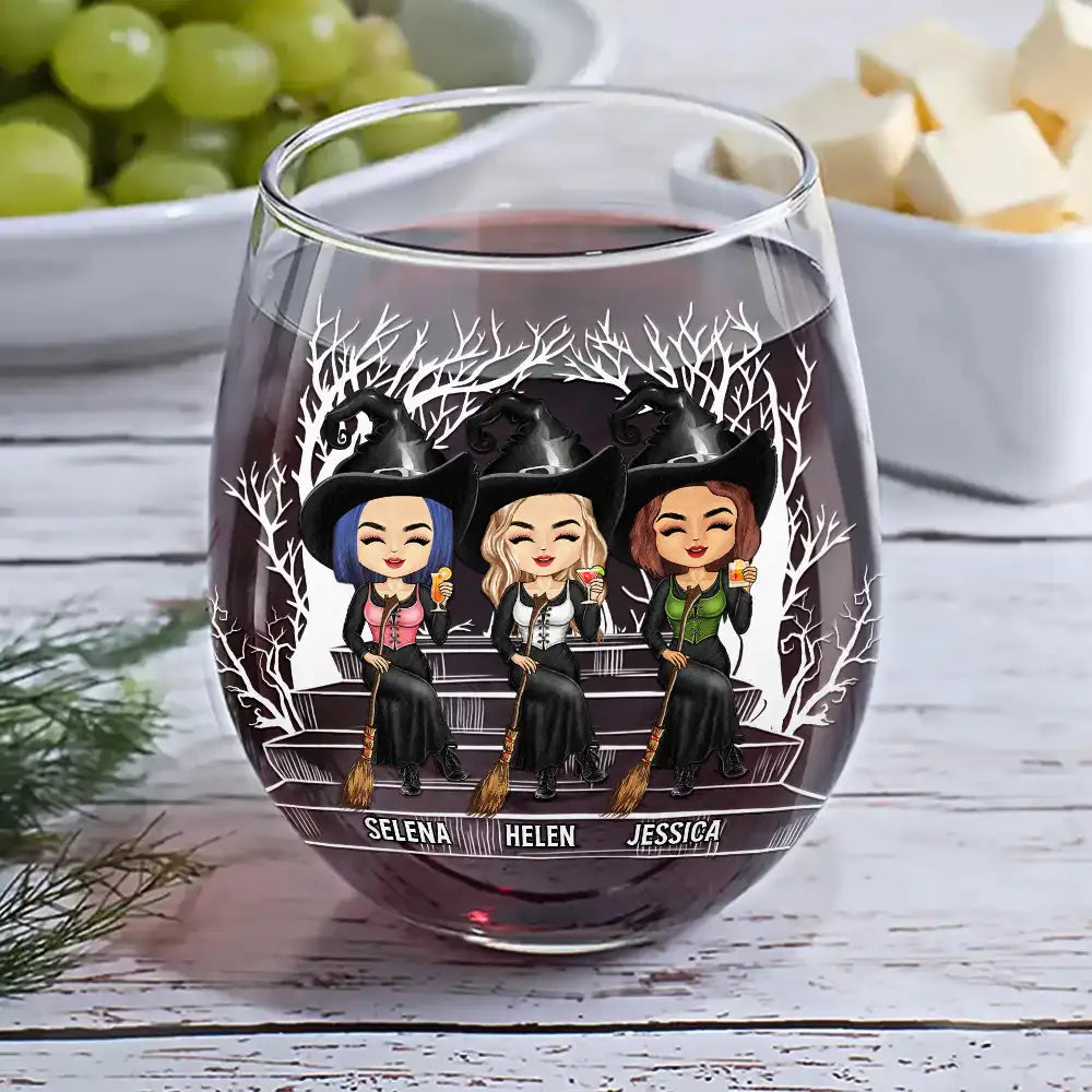 Drink Up Witches Halloween Wine Glass β Custom Witch Sisters Sitting on Bench β Spooky Gift for Best Friends or Sisters