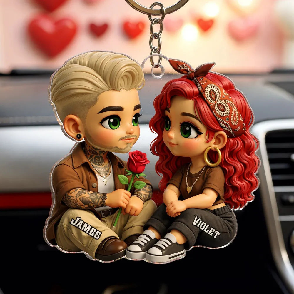 Personalized Couple Acrylic Car Hanger with Rose, Sweet Valentineās Day Gift, Cozy Cute Rearview Mirror Keepsake