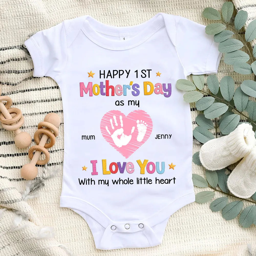 Short Sleeve Baby Onesie for Baby's First Mother's Day, Personalized Handprint Heart I Love You Design, Sweet Gift