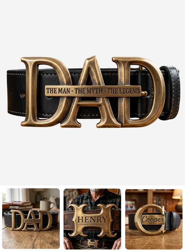 Custom Gift For Dad, Grandpa - Personalized Father Leather Belt With Shaped Buckle