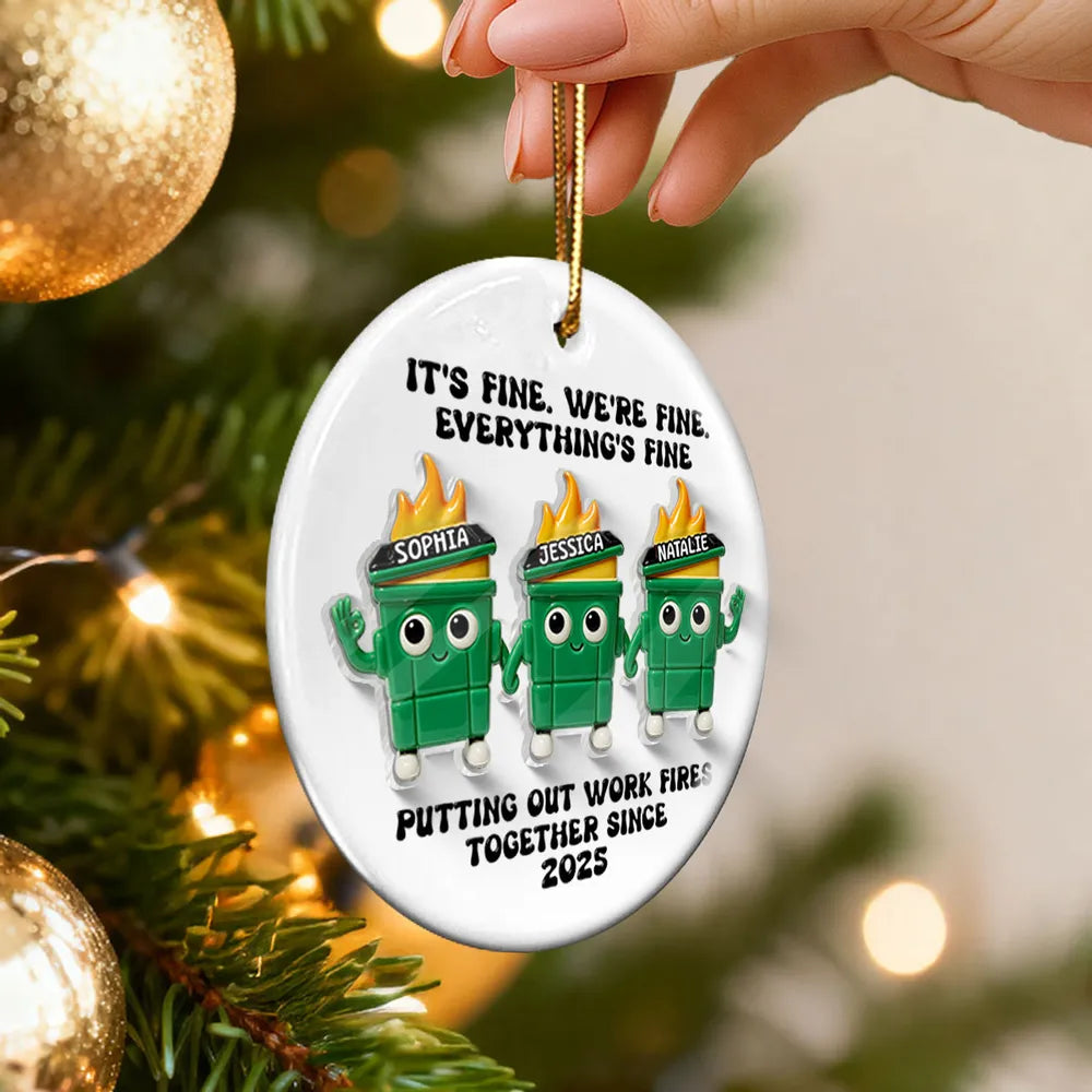 Ornament - Dumpster Fire Work Bestie, Customizable Ceramic with Acrylic Pieces, Office Decor, a unique gift for Coworkers