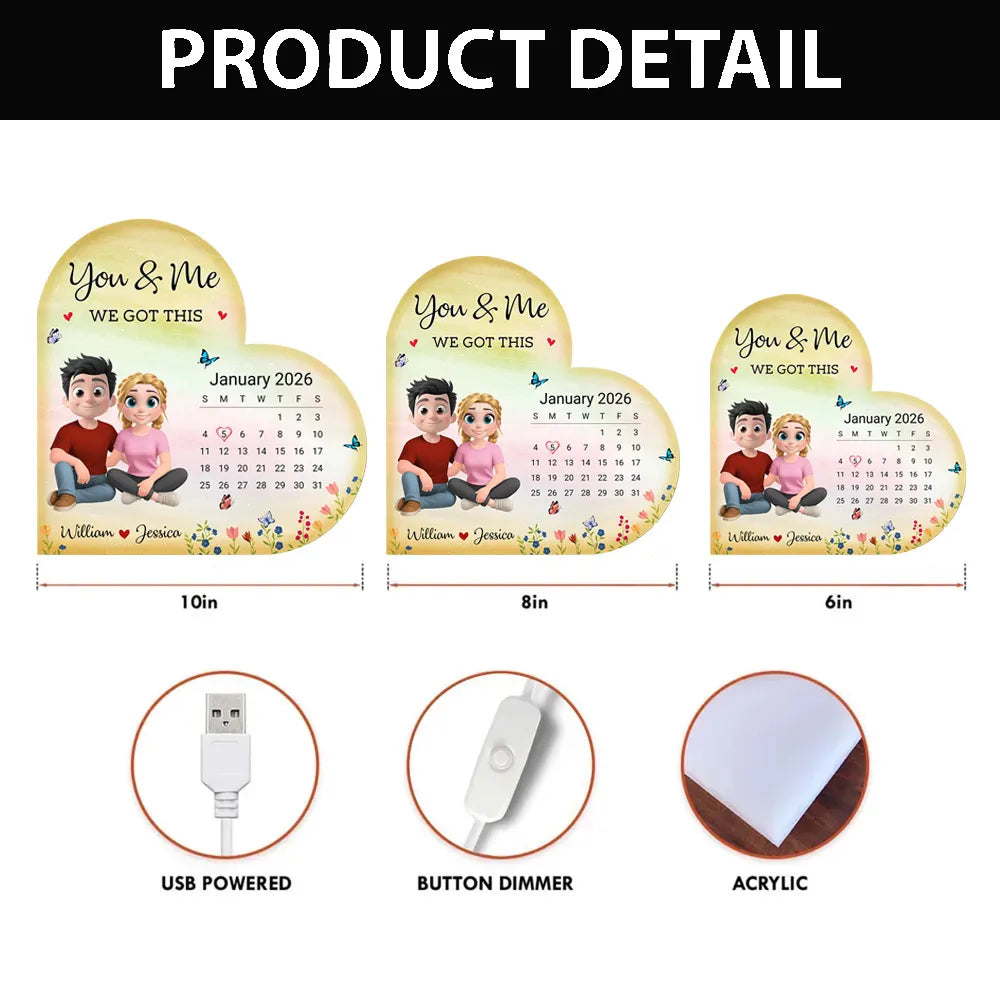 Personalized Heart Acrylic Light Box Calendar Night Light for Couples, You & Me We Got This, Warm Glow Unique Gift