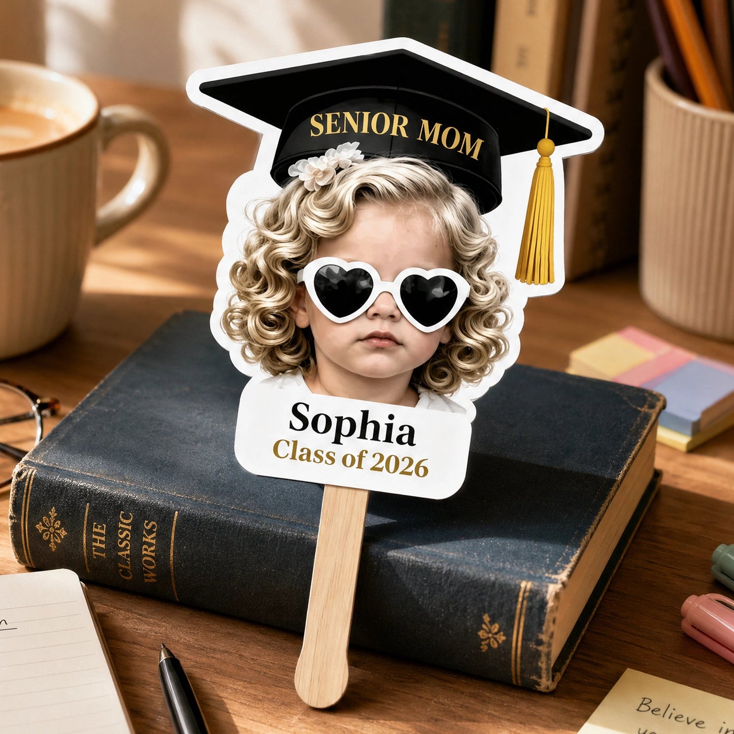 Personalized Graduation Foam Board Fan with Cap & Heart Sunglasses - Unique Congrats Gift for the Graduate