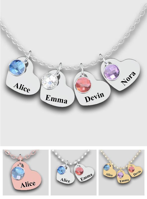 All Members - Personalized Family Heart Pendant Necklace with Birthstones