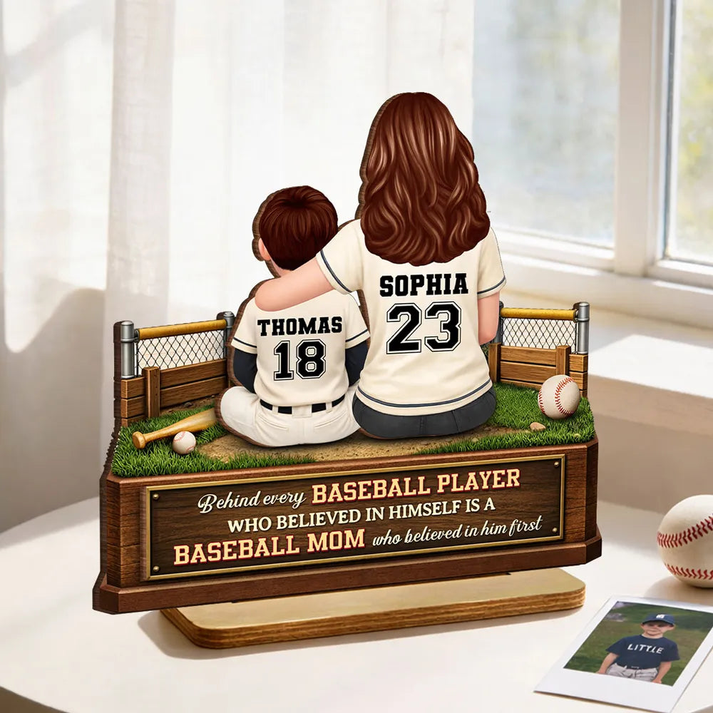 2-Layer Wooden Plaque Personalized Baseball Mom and Player Scene Heartfelt Home Display A Unique Gift for Mother's Day