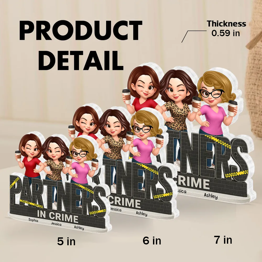 “PARTNERS IN CRIME” Sisters Linking Arms with Coffee Shaped Acrylic Block Plaque, Creative Gift for Sister, Customizable