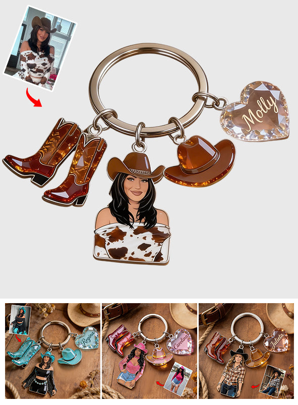 Custom Any Photo Cowgirl Style - Personalized Cowgirl Premium Keychain With Charms