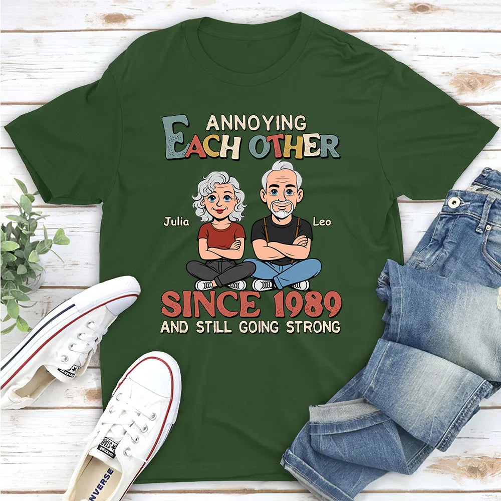 Personalized Classic Tee Funny Couple Cartoon Sitting Together Cute Gift for Husband or Wife Annoying Each Other Vibe