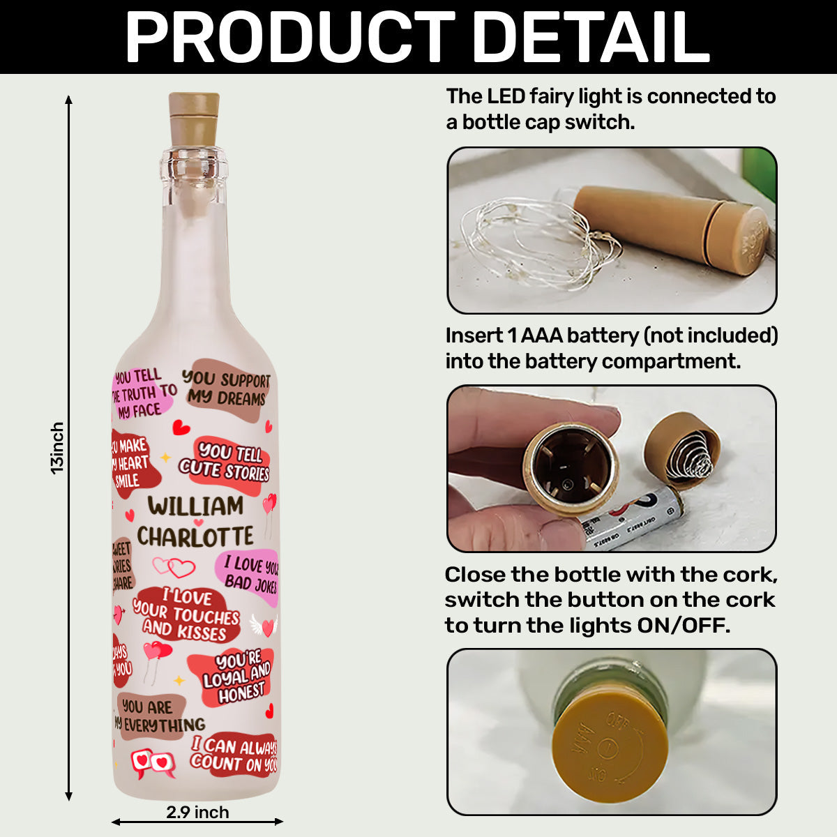 Personalized Bottle Lamp with 12 Reasons I Love You, Soft Warm Glow Bedroom Light, Unique Romantic Gift for Couples