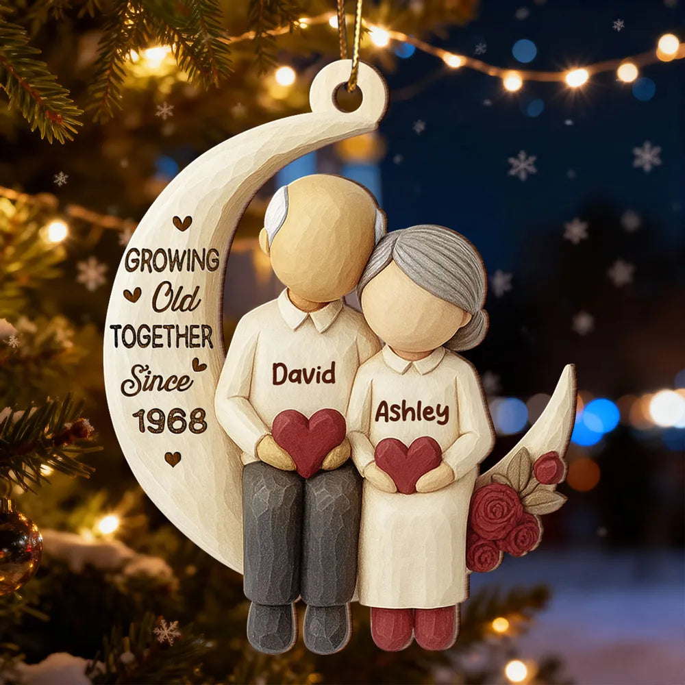 Wooden Ornament - I Love You to the Moon, Carved Couple Design, Unique Christmas Gift for Couples or Grandparents