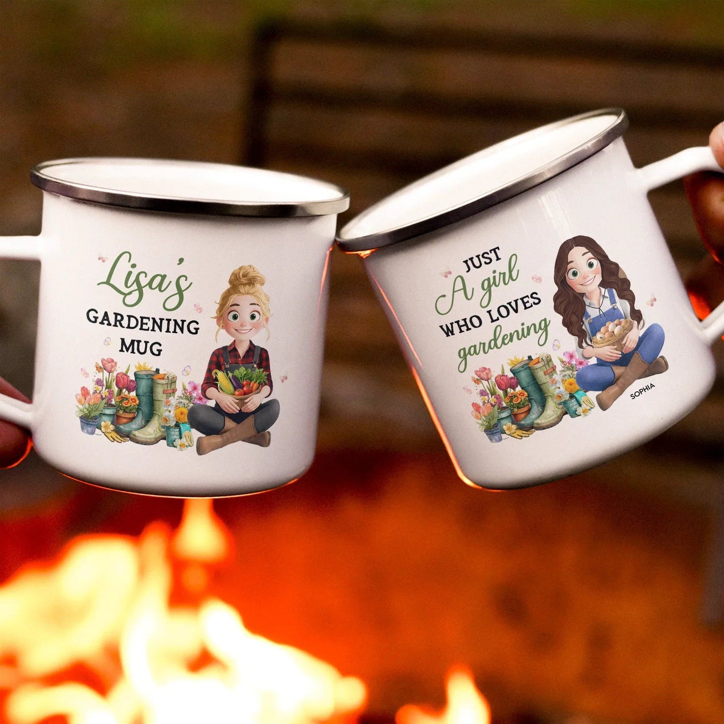 Personalized Gardening Enamel Mug With Cute Cartoon Gardener, Cozy Garden Coffee Cup, Unique Gift for Mom or Grandma