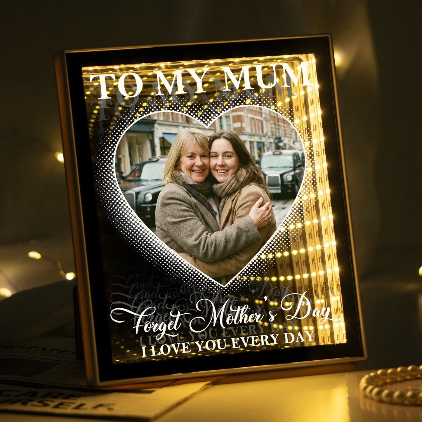 Infinity Mirror Light Box for Mom - Heart Photo Tunnel Glow, Warm Golden Lights, Unique Mother's Day Gift
