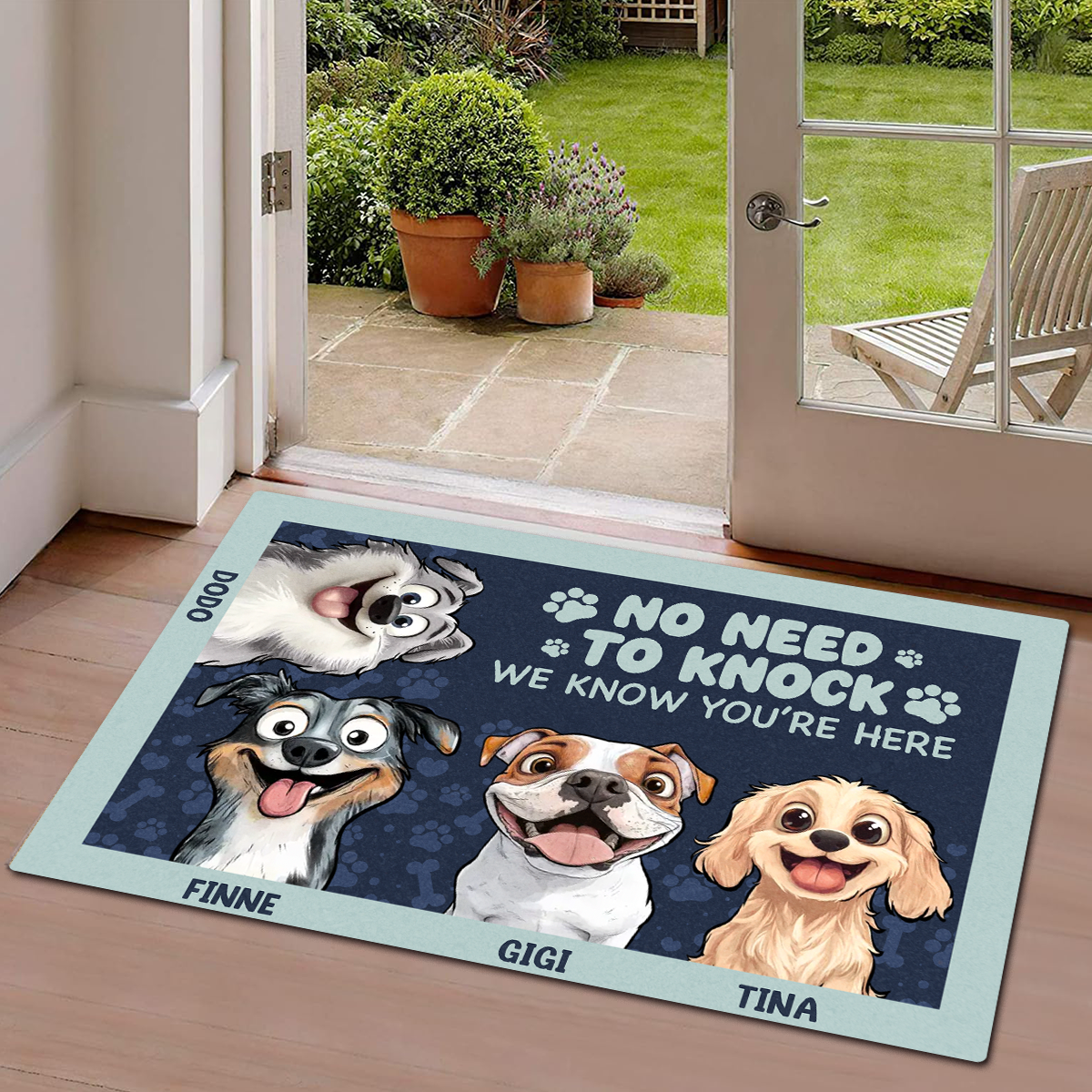 No Need to Knock – Personalized Standard Doormat for Dog Lovers, Custom Names with Fun Pet Designs, Ideal for Home Entrance