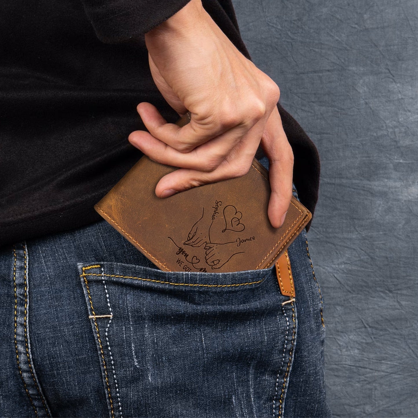 Personalized Cowhide Leather Wallet With Holding Hands Love Line Art Unique Romantic Gift For Boyfriend Or Husband