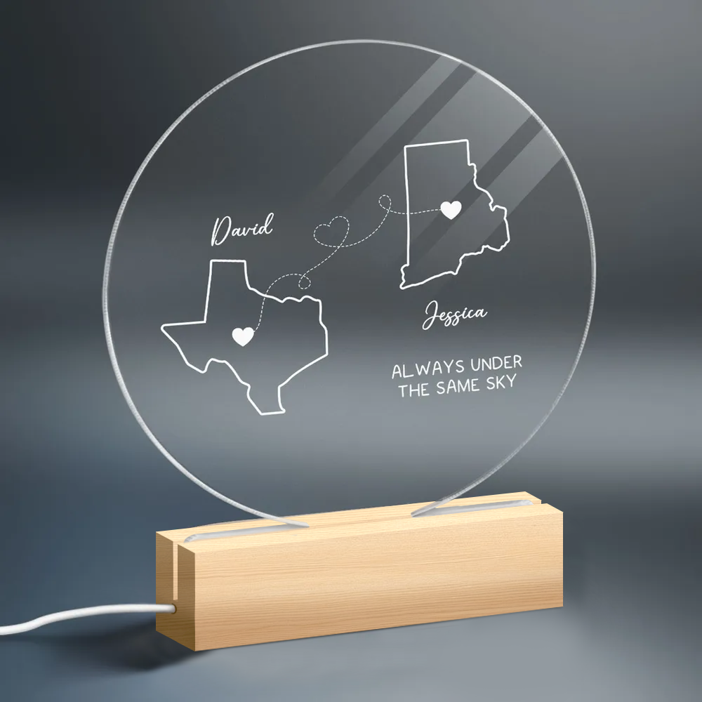 Personalized Long Distance Map LED Light Plaque, Always Under The Same Sky, Unique Couple Gift for Cozy Ambient Decor