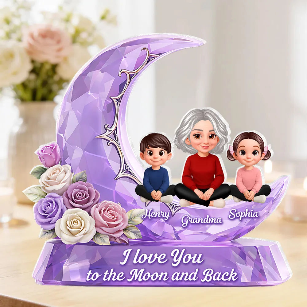 Personalized Shaped Acrylic Block Plaque with Grandma and Grandkids on a Purple Moon, Unique Gift for Grandma, I Love You to the Moon and Back