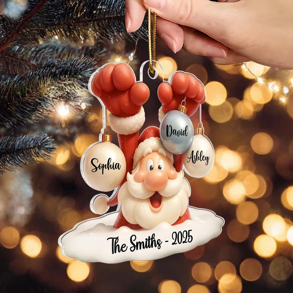 Santa Family Acrylic Ornament, festive bauble design with Santa holding ornaments, perfect gift for families, cozy tree decoration
