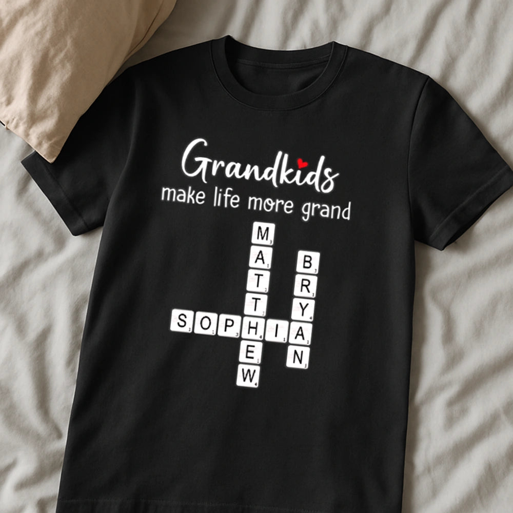 Grandkids Make Life More Grand Classic Tee, Personalized Crossword Name Shirt, Unique Gift for Grandma or Mom