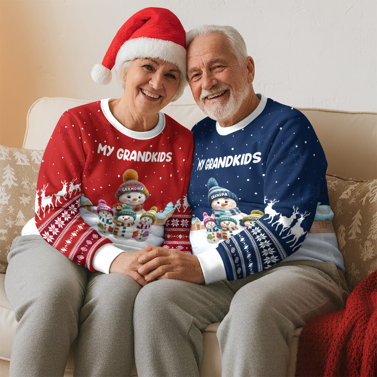 Christmas Sweatshirt for Grandparents, cute snowman family in snowy village, warm and soft, a unique gift for Grandma