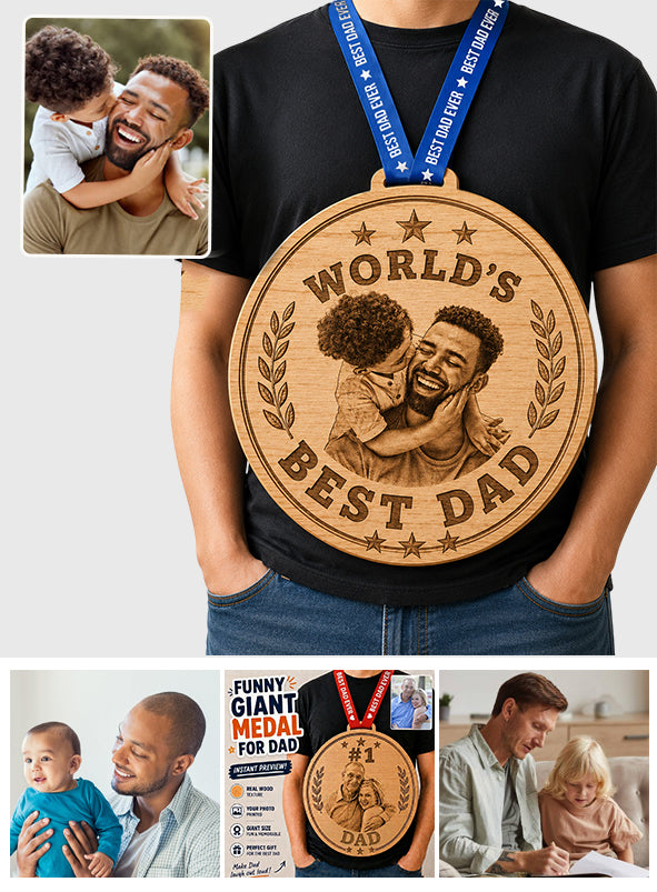 Giant Medal Funny World's Best Dad Custom Photo - Personalized Father Shaped Wood Sign With Sash