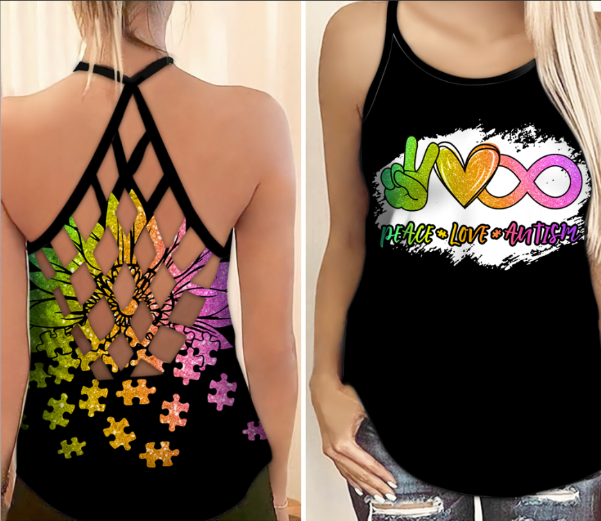 Autism Awareness Peace Love Autism - Cross Tank Top 0921