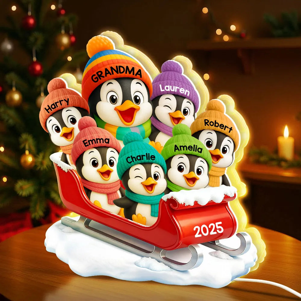 Acrylic Light Box of Christmas Penguin Family β Warm Holiday Scene & Perfect Gift for Grandma or Family