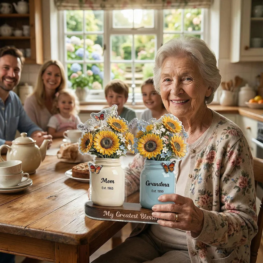 Personalized Shaped Acrylic Block Plaque with Sunflower Mason Jars, 'My Greatest Blessings' Unique Gift for Mom & Grandma