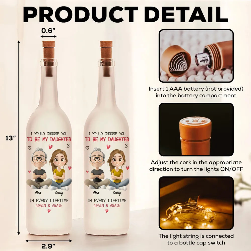 Personalized Bottle Lamp for Daughter from Dad with Cartoon Portraits, Warm Glow Bedroom Light, Unique Heartfelt Gift