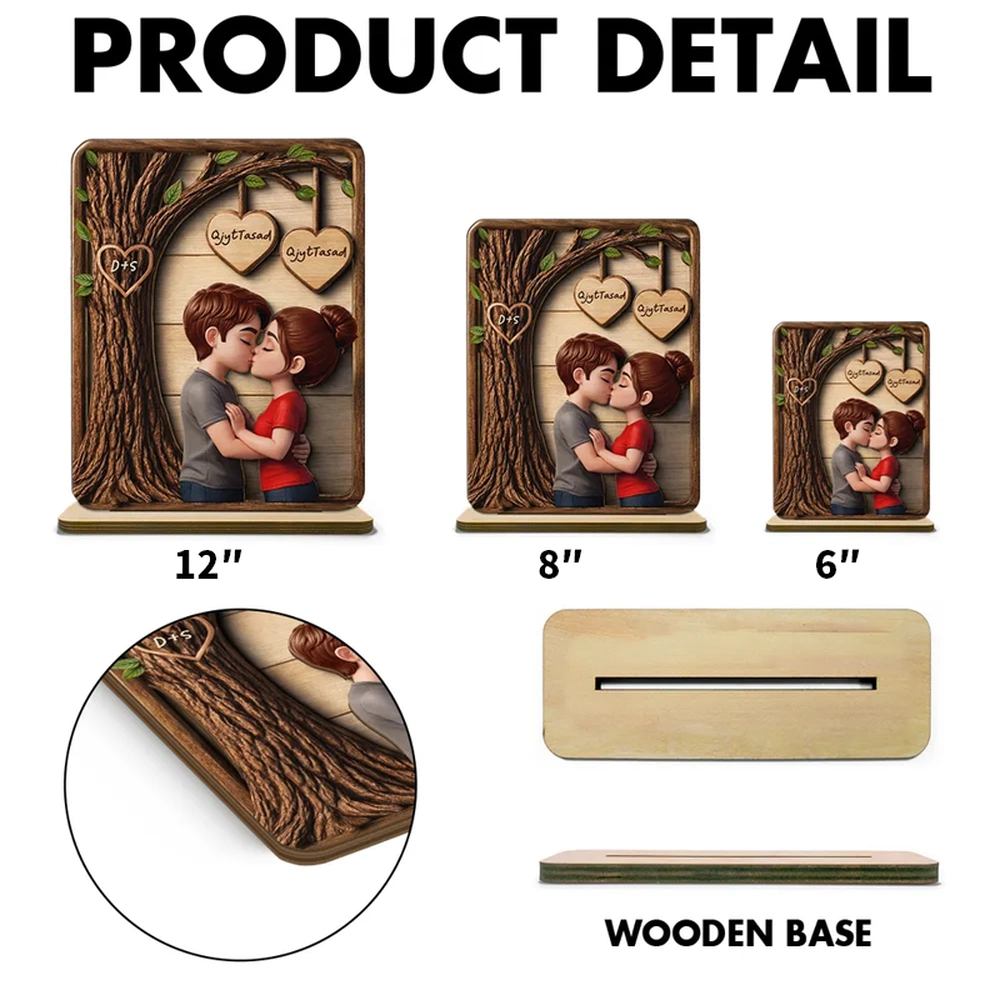 Personalized 2-Layer Wooden Plaque with Kissing Couple Under Tree for Desk or Shelf, Romantic Unique Gift for Her or Him