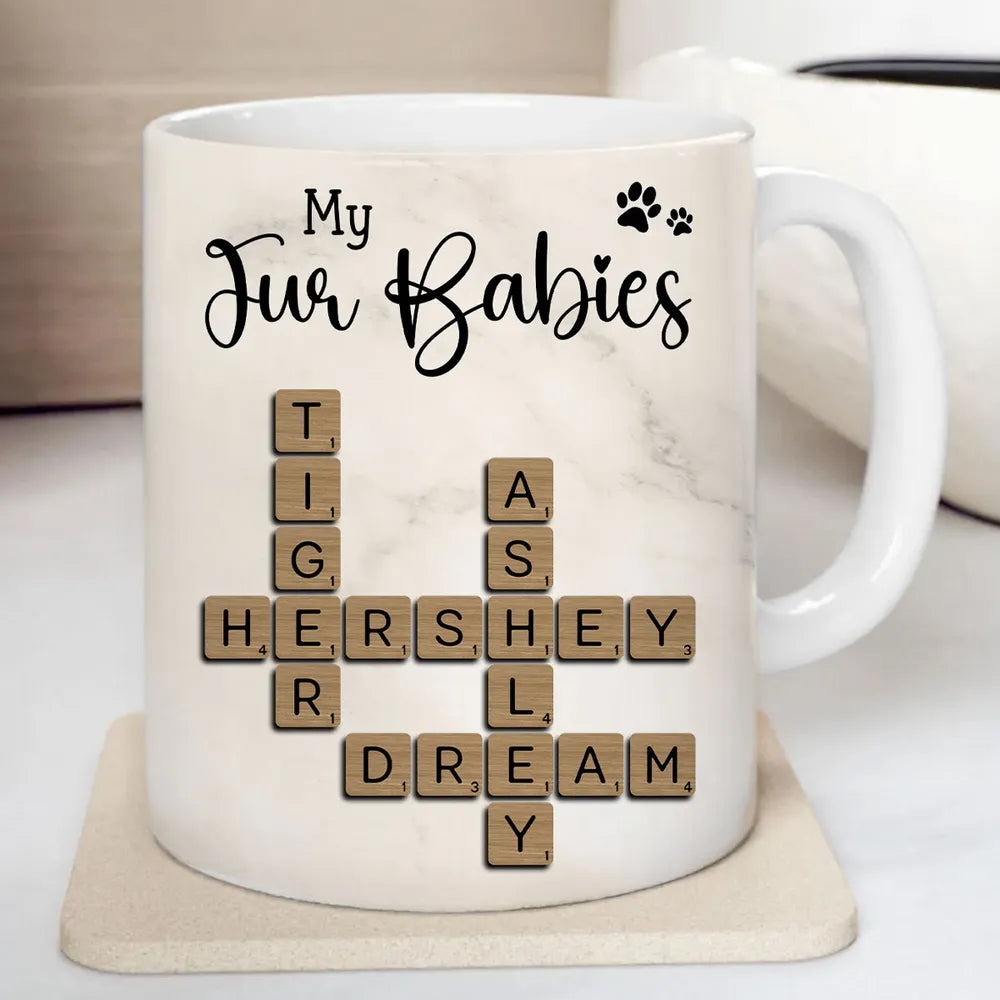 Personalized White Ceramic Mug for Fur Babies Lovers with Crossword Pet Names, Cute Unique Gift for Dog or Cat Mom