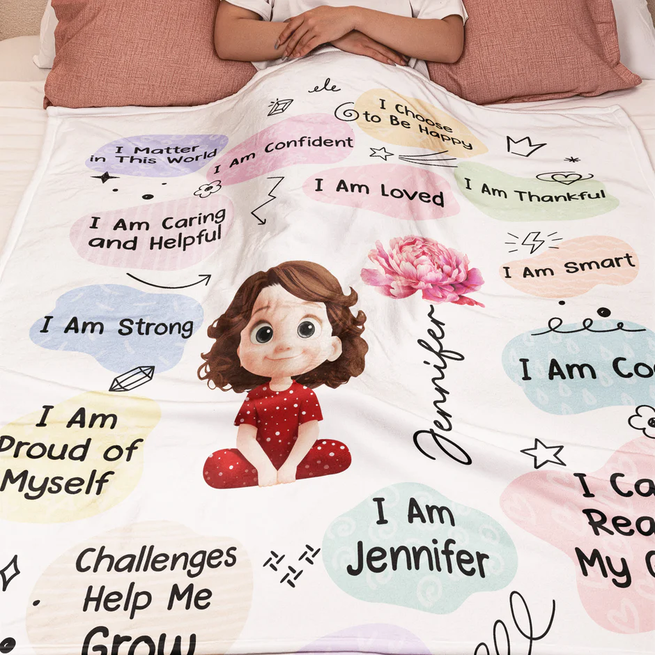 Personalized Fleece Blanket with Kids Affirmations and Cute Cartoon Girl, Pastel Nursery Throw, Unique Creative Gift for Kids