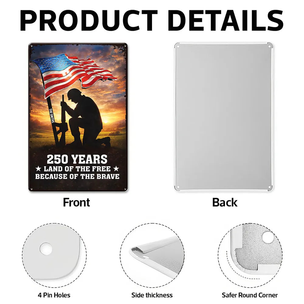 Personalized USA 250th Anniversary Rectangular Iron Sign, Kneeling Soldier Under Flag Porch Decor, Unique Patriotic Gift