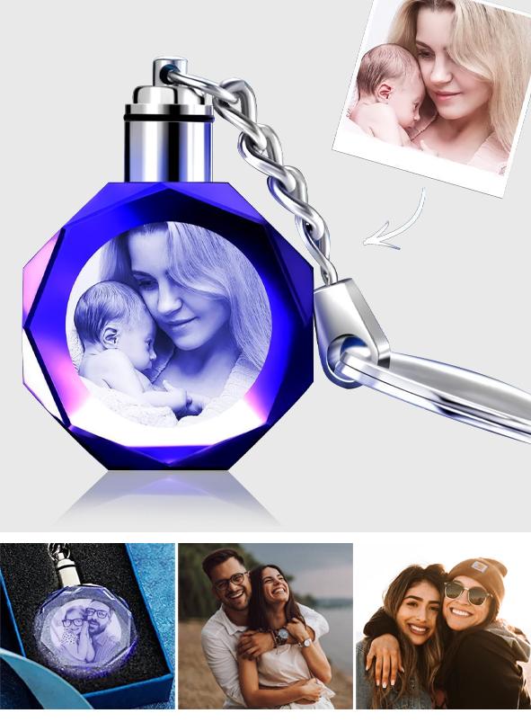 Custom Photo Octagon Crystal Led Light Keychain - gift for anyone, cat lover, dog lover, who lost a loved one - Personalized Keychain