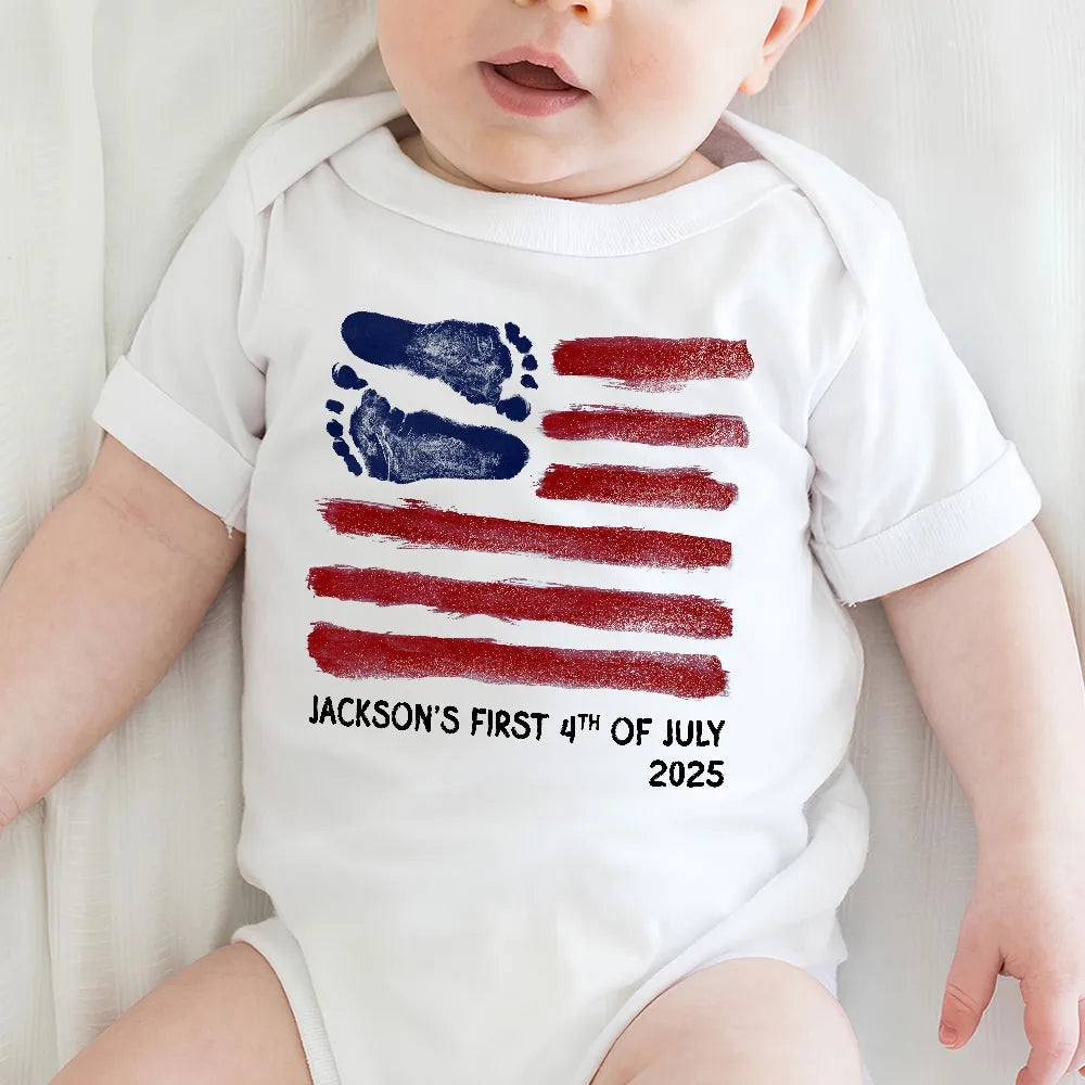 Short Sleeve Baby Onesie with Baby Footprints American Flag - Personalized Keepsake Outfit, Sweet Gift for New Parents