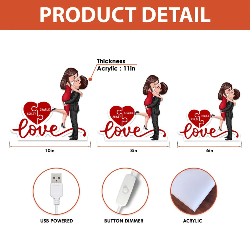 Acrylic Light Box Warm Glow Couple Embrace Love Heart Puzzle Design - Personalized Keepsake Gift for Couples