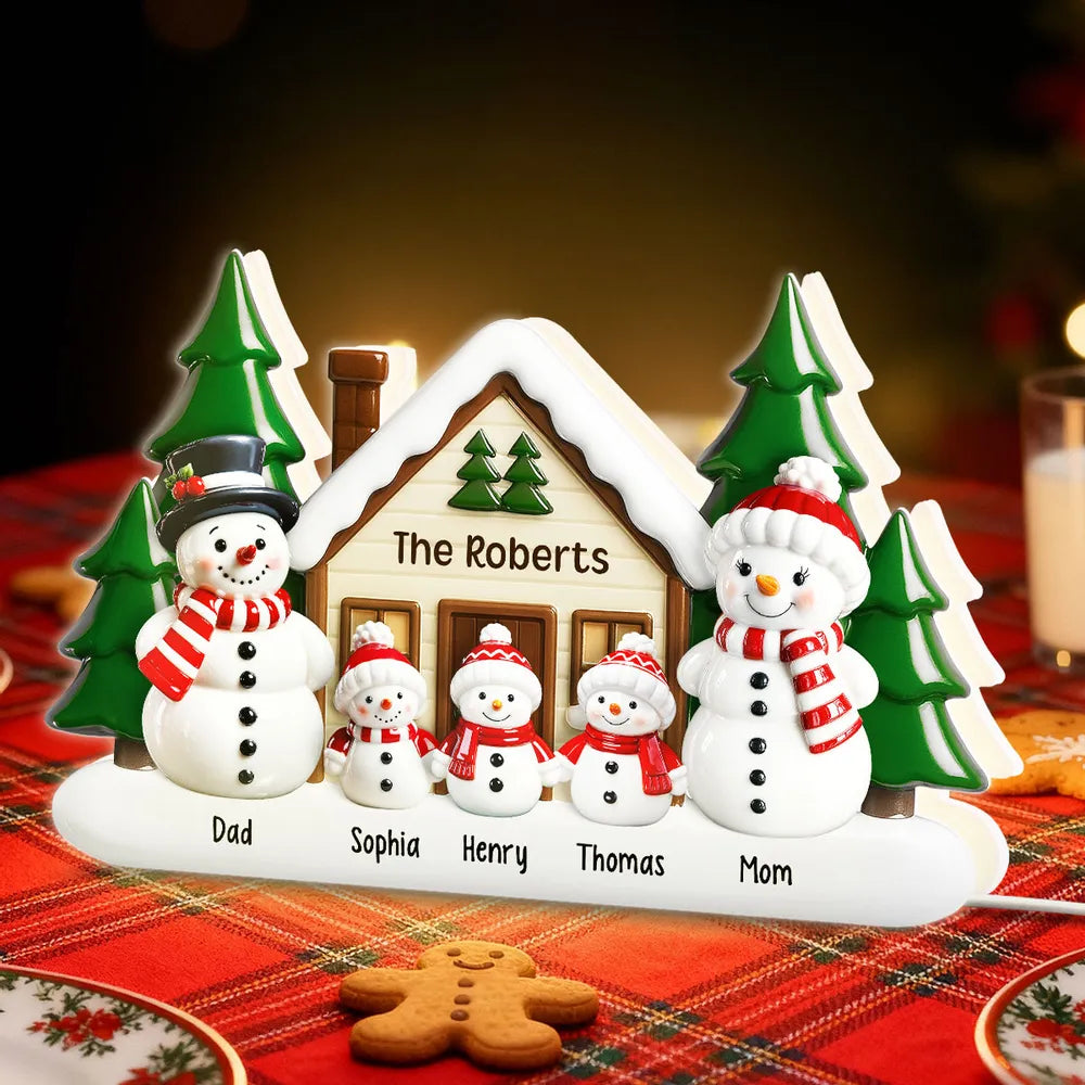 Acrylic Light Box Snowman Family Cabin, Warm Glow Christmas Decor, Custom Design, Unique Gift for Grandparents