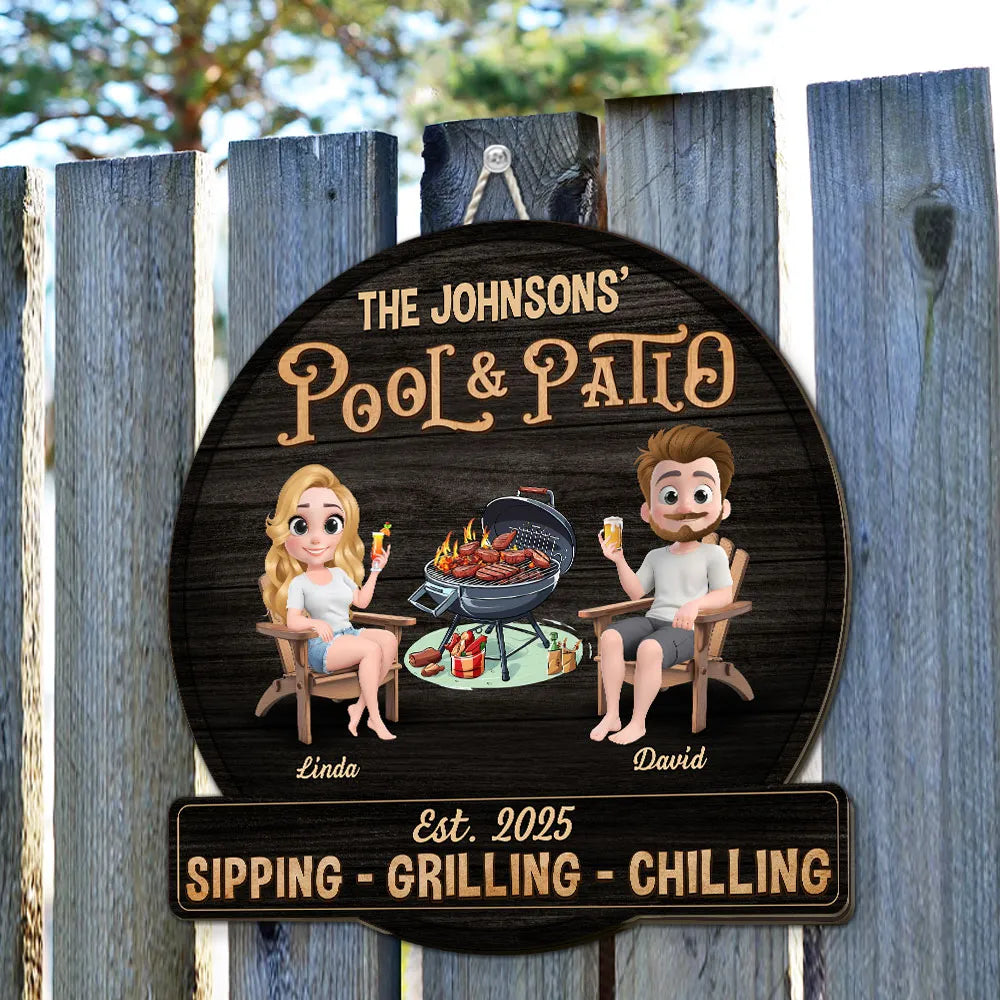 Personalized Pool & Patio Wooden Sign with Cute Couple Cartoon and Grill Scene, Unique Backyard Decor Gift