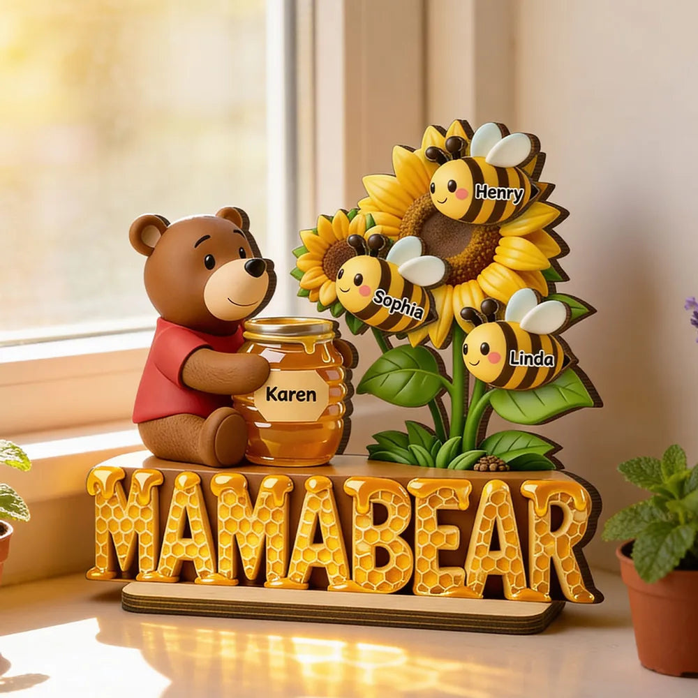 Mama Bear with Honey Jar & Sunflower Bees 2-Layer Wooden Plaque, Personalized Family Keepsake for Mom, Warm Living Room Gift